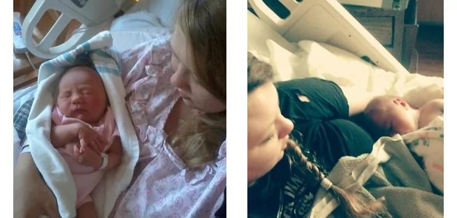 Newborn babies with mothers in hospital.
