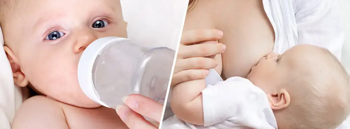 Baby bottle feeding and breastfeeding.