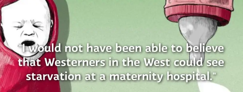 Starving baby, bottle, maternity hospital.