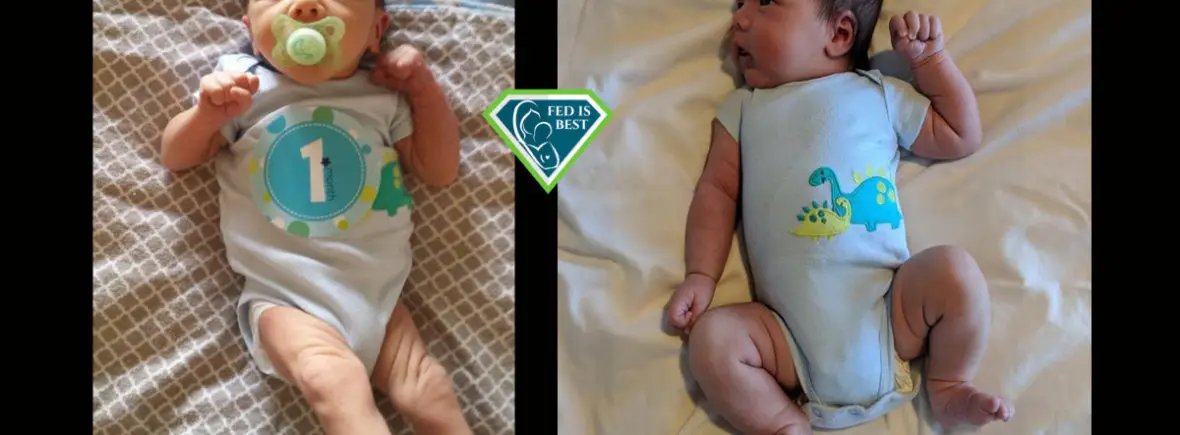 One-month-old twins in dinosaur onesies.