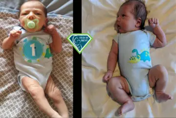 One-month-old twins in dinosaur onesies.