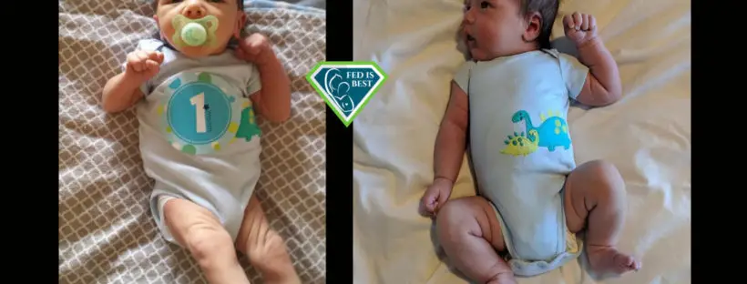 One-month-old twins in dinosaur onesies.