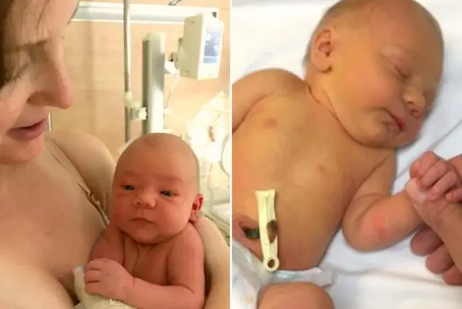 Mother and newborn baby in hospital.